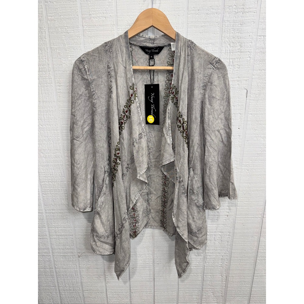 Young Threads Cardigan Womens Grey Embroidered Beaded Open Front Medium